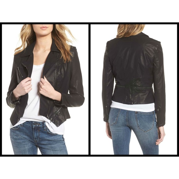 blanknyc denim faux leather fitted moto jacket
